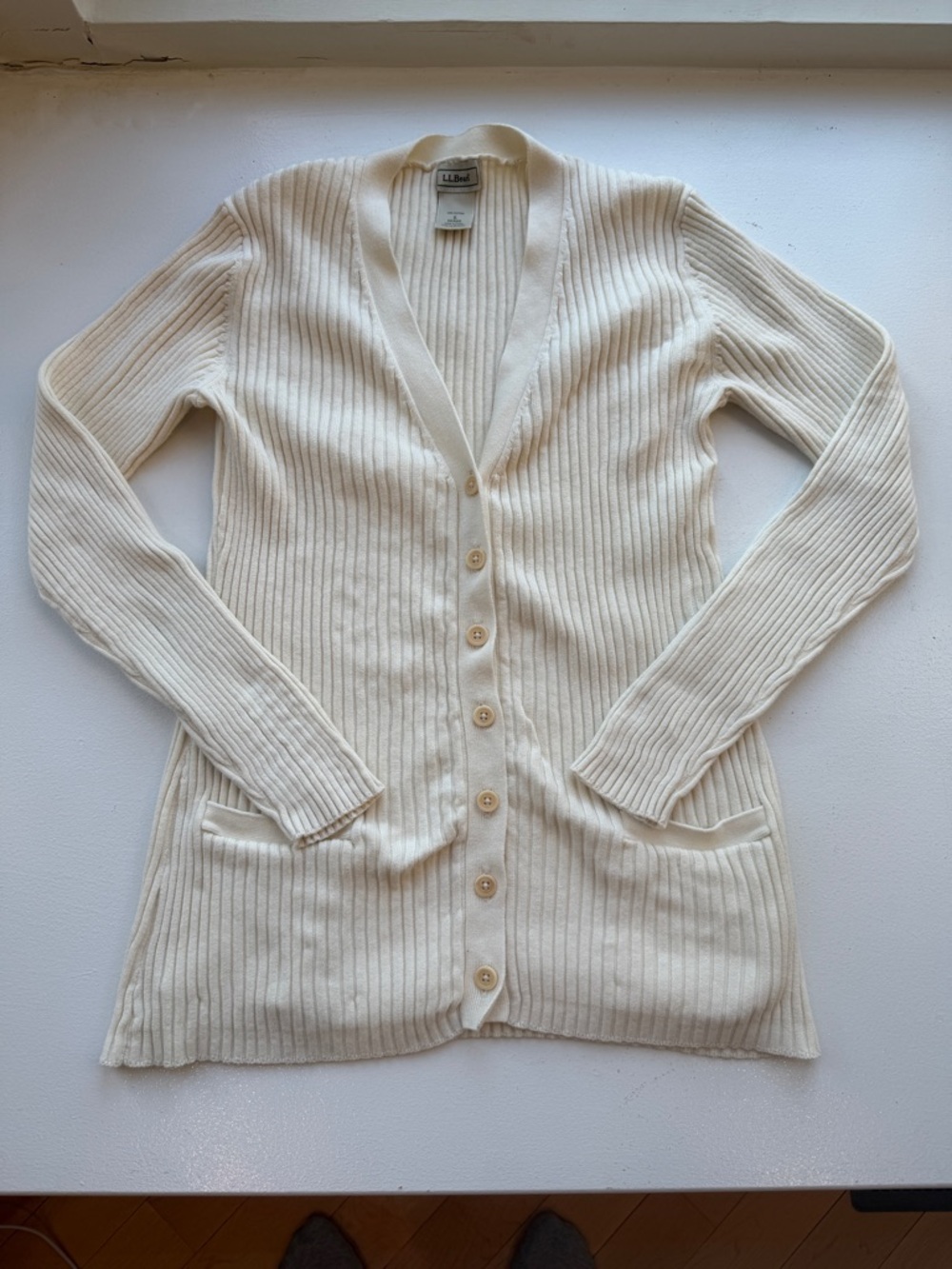 L.L. Bean Off White Ribbed Button-Front Women's Cardigan w/ Pockets 100% Cotton